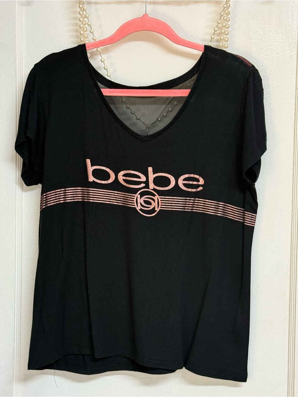 bebe Black Short-Sleeve Logo Tee with Rose Gold Accent Sheer back top L